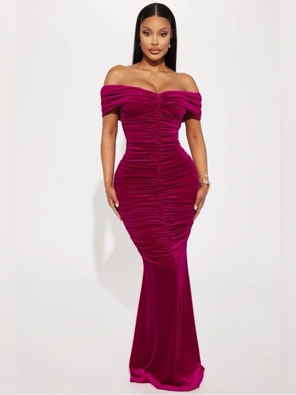 NEW Fashion Nova Karissa Velvet Maxi Dress Fuchsia Pink Medium Ruched Mermaid